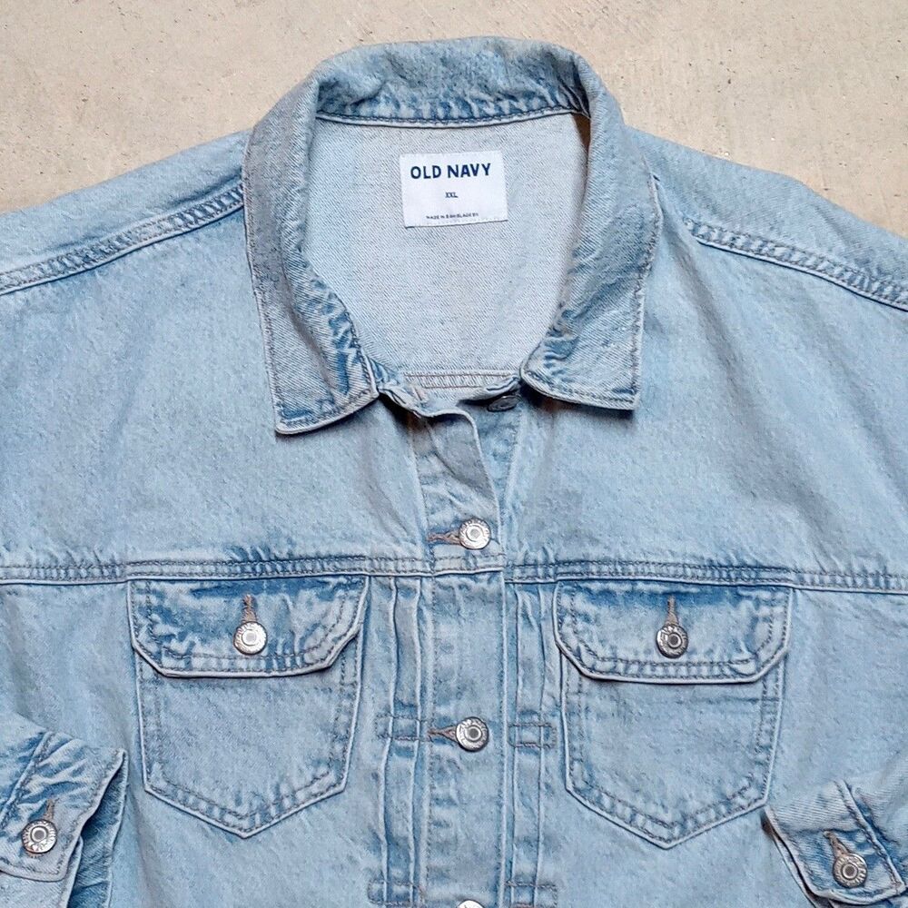 Old Navy Denim Jacket Women XXL Cropped Trucker Biker Grunge Light Wash Jean - Picture 3 of 11